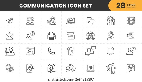 Communication icon set, modern thin line business and technology symbols, chat, email, teamwork, phone, digital media, customer support, connection, corporate design elements isolated vector.