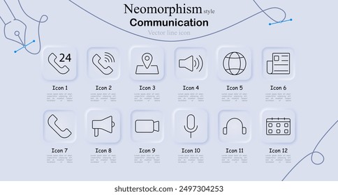 Communication icon set in neomorphism style. 24 7 phone, telephone, location pin, speaker, globe, newsletter, megaphone, video call, microphone, headphones, calendar, vector line art