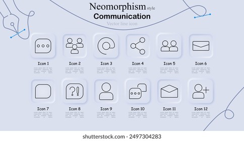 Communication icon set in neomorphism style. Message bubble, group chat, spiral, network, email, envelope, question mark, user profile, chat bubble, add user, vector line art