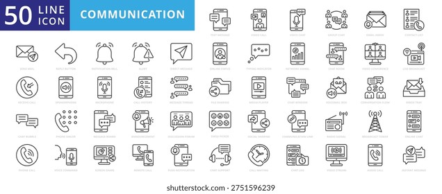 communication icon set outline collection containing dialer, push, signal, radio, remote, reply button, screen share, send mail, bell, speaker, typing, indicator, voicemail box