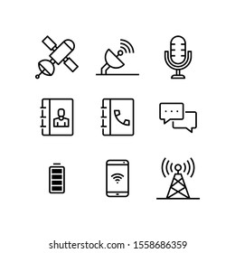 Communication Icon Set = Sattelite, Antenna, Microphone, Contact Book, Phone Book, Chat, Full Battery, Signal Smartphone, Tower Signal 