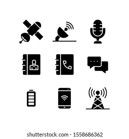 Communication Icon Set = Sattelite, Antenna, Microphone, Contact Book, Phone Book, Chat, Full Battery, Signal Smartphone, Tower Signal 