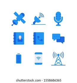 Communication Icon Set = Sattelite, Antenna, Microphone, Contact Book, Phone Book, Chat, Full Battery, Signal Smartphone, Tower Signal 