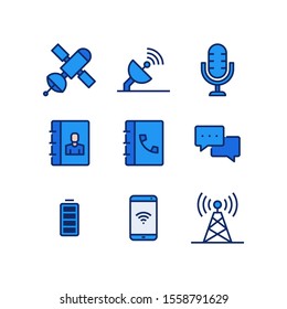 Communication Icon Set = Sattelite, Antenna, Microphone, Contact Book, Phone Book, Chat, Full Battery, Signal Smartphone, Tower Signal 