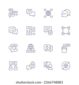 Communication icon set. Thin line icon. Editable stroke. Containing chat, chatting, communication, communications, global communication, language, nlp, round table, speech bubble, speech, video call.