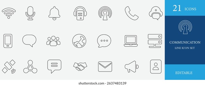 Communication icon set. This line icon pack features technology, media, business, chat, microphone, computer, network, conference, teamwork, support, and more, perfect for modern projects.