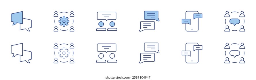 Communication icon set in two styles, Duotone and Thin Line style. Editable stroke. speech bubble, talk, workshop, message, people, socialize.
