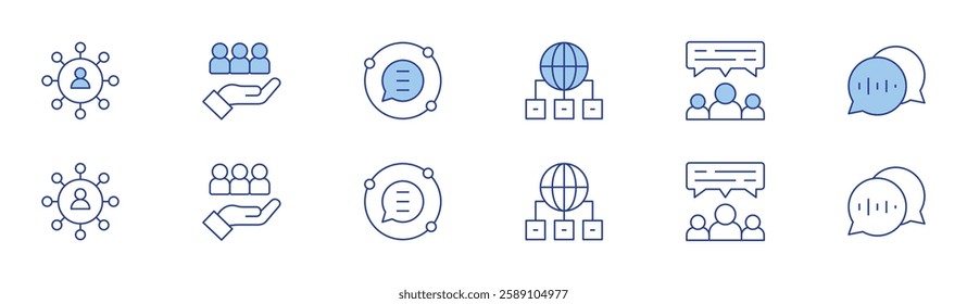 Communication icon set in two styles, Duotone and Thin Line style. Editable stroke. communications, target, communication, chat, sharing, language.