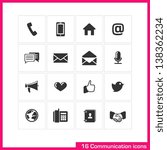 Communication icon set. Vector black pictograms for web, mobile, business: phone, call, speech bubble, email, letter, envelope, microphone, megaphone, heart, like, twitter, contact, handshake symbol