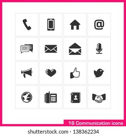 Communication icon set. Vector black pictograms for web, mobile, business: phone, call, speech bubble, email, letter, envelope, microphone, megaphone, heart, like, twitter, contact, handshake symbol