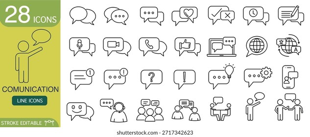 Communication icon set with vector line art. collection symbol for chat, message, and dialogue. Features speech bubble for discussion, promoting positive connection