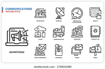 Communication icon set for web design, book, magazine, poster, ads, app, etc.