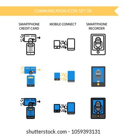 Communication Icon Set.Creditcard,smartphone,Connect,audio recording.