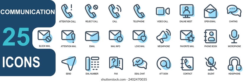 communication icon set.lineal color. contains rejected call, missed call, incoming message, video, camera, megaphone, marketing, contact, telephone dial, approval. vector illustration.editable stroke.