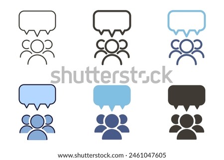 Communication icon. Teamwork, dialogue, debate, presentation with 3 people and speech bubble vector graphic elements