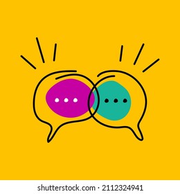 Icono de comunicación, dos burbujas de información. Cartel en línea. Logo dibujado a mano. Ilustración del vector