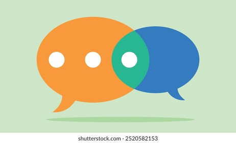 communication icon. Two clouds, one orange, the other blue, overlap. The common element is green. The orange cloud has three white dots. Flat design vector.