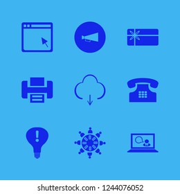 communication icon. communication vector icons set gift card, loud speaker, work group at the table and printer