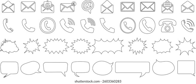 communication icon vector outline set featuring email, phone, speech bubbles, and comic bursts for web, chat, customer support, messaging, and business communication graphics for digital use