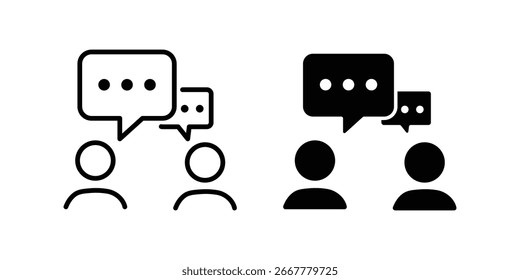 Communication icon vector set in black flat and line stroke style, Speaking people icon, Two people talking with speech bubbles icon.