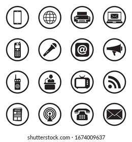 Communication Icons. Black Flat Design In Circle. Vector Illustration.