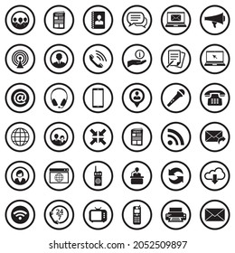 Communication Icons. Black Flat Design In Circle. Vector Illustration.