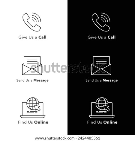 Communication Icons. Call, Message, and Online Contact for Seamless Interaction. Black and White Icons for Dark and Light Background.