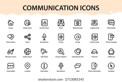 Communication icons collection. Messaging bubbles, phone tools, Calls, chat tools, microphones, navigation signs, location markers, research symbols