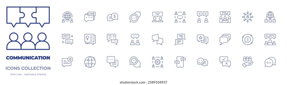 Communication icons collection. Thin Line icons, editable stroke. communications, communication, coordination, womens day, worldwide, speech bubble, talk, target, workshop, chat.
