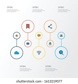 Communication icons colored line set with social web, gif sticker, search and other wireless connection elements. Isolated vector illustration communication icons.