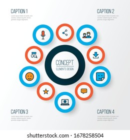 Communication icons colored line set with download, share, friends and other archiving elements. Isolated vector illustration communication icons.