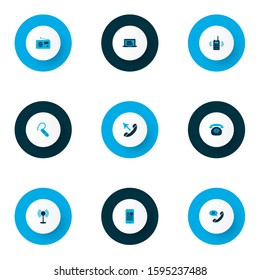 Communication icons colored set with access point, article on phone, fm and other bluetooth headset elements. Isolated vector illustration communication icons.