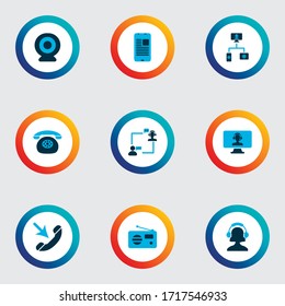 Communication icons colored set with computer operator, incoming call, home network and other blog elements. Isolated vector illustration communication icons.