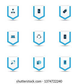 Communication icons colored set with linked computers, online communication, telephone and other connection elements. Isolated vector illustration communication icons.