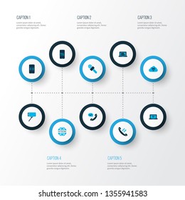 Communication icons colored set with mobile access point, cloud access point, online news and other article on laptop elements. Isolated vector illustration communication icons.