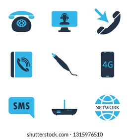 Communication icons colored set with router, computer operator, connector plug and other address copybook elements. Isolated vector illustration communication icons.