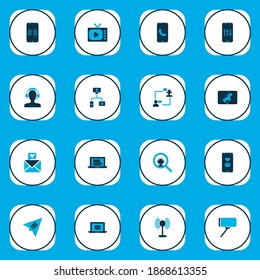 Communication icons colored set with selfie stick, operator with customer, online news and other cellphone elements. Isolated vector illustration communication icons.
