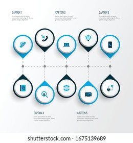 Communication icons colored set with smart watch, phone book, call from smartphone and other ringing elements. Isolated vector illustration communication icons.