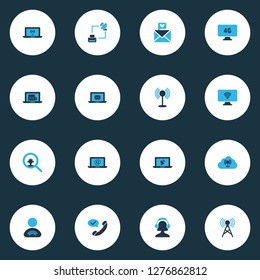Communication icons colored set with communication tower, access point, satellite with printer and other article on laptop elements. Isolated vector illustration communication icons.