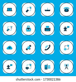 Communication icons colored set with communication tower, cloud access point, satellite with computer and other transmitter elements. Isolated vector illustration communication icons.