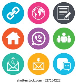 Communication icons. Contact, mail signs. E-mail, call phone and group symbols. Flat circle buttons. Vector