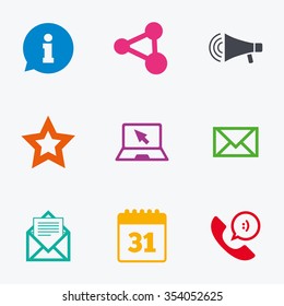 Communication icons. Contact, mail signs. E-mail, information speech bubble and calendar symbols. Flat colored graphic icons.