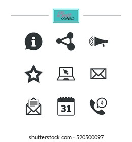 Communication icons. Contact, mail signs. E-mail, information speech bubble and calendar symbols. Black flat icons. Classic design. Vector