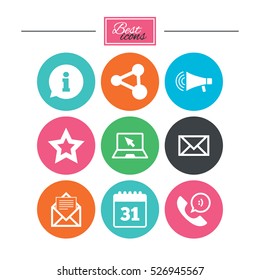 Communication icons. Contact, mail signs. E-mail, information speech bubble and calendar symbols. Colorful flat buttons with icons. Vector