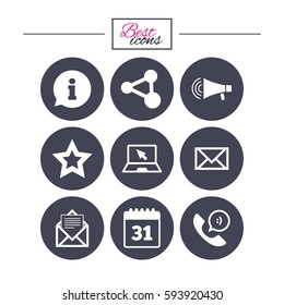Communication icons. Contact, mail signs. E-mail, information speech bubble and calendar symbols. Classic simple flat icons. Vector