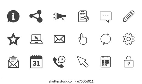 Communication icons. Contact, mail signs. E-mail, information speech bubble and calendar symbols. Chat, Report and Calendar line signs. Service, Pencil and Locker icons. Click, Rotation and Cursor
