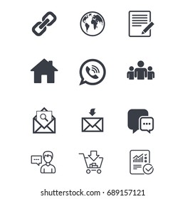 Communication icons. Contact, mail signs. E-mail, call phone and group symbols. Customer service, Shopping cart and Report line signs. Online shopping and Statistics. Vector