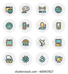 Communication icons. Contour lines with color fills. Flat design.