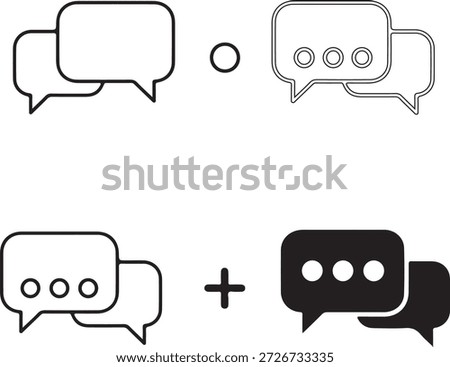 Communication icons displaying speech bubbles with ellipsis dots representing typing or ongoing dialogue. Set includes outline and filled styles for messaging software.