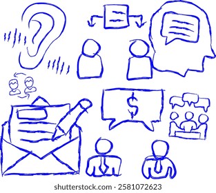 Communication icons in doodle style. handwritten notes containing Message Delivery, Verbal Exchange, Written Communication, Digital Message, Effective Dialogue, Clear Communication